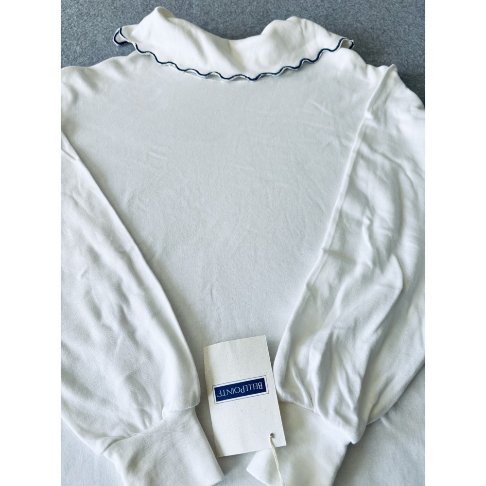 Vintage Belle Pointe White Turtleneck Blue Scalloped Collar Top Womens Medium‎